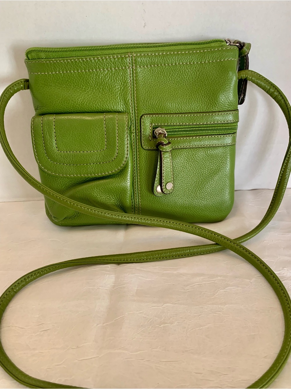 Tignanello Genuine Leather Olive Green Organizer Crossbody Bag Multi Pocket